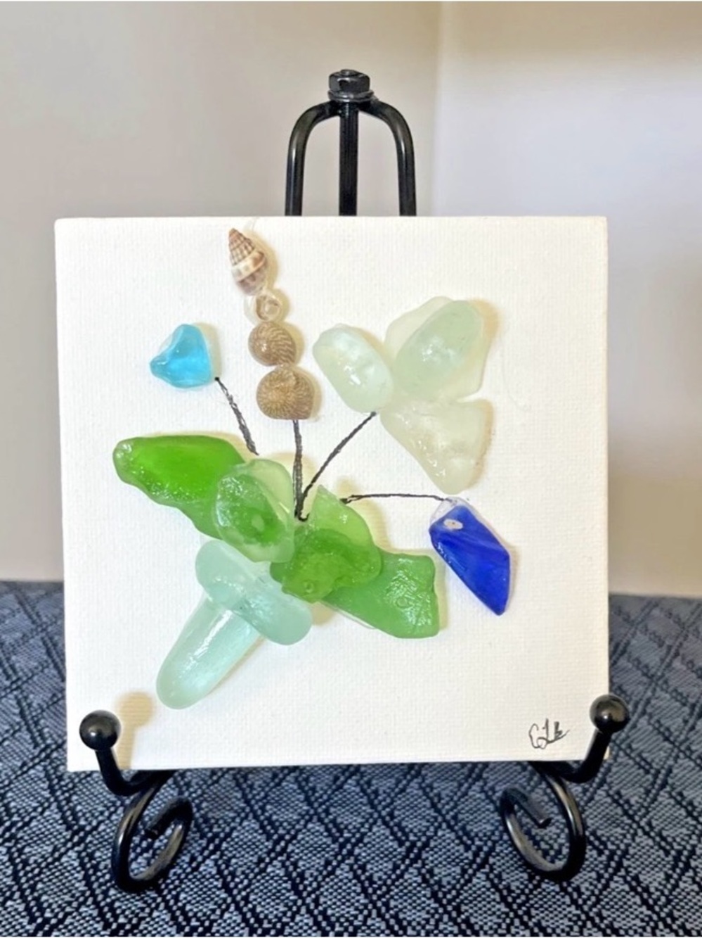 Handmade Sea Glass Floral Art in Green & Blue by
